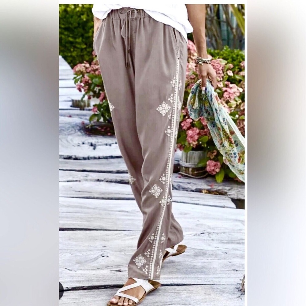 Embroidered Taupe Drawstring Wide-Leg Pants